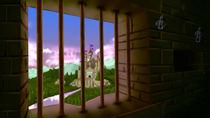 A castle across the valley seen through the barred window of a cell, in Restless Hero